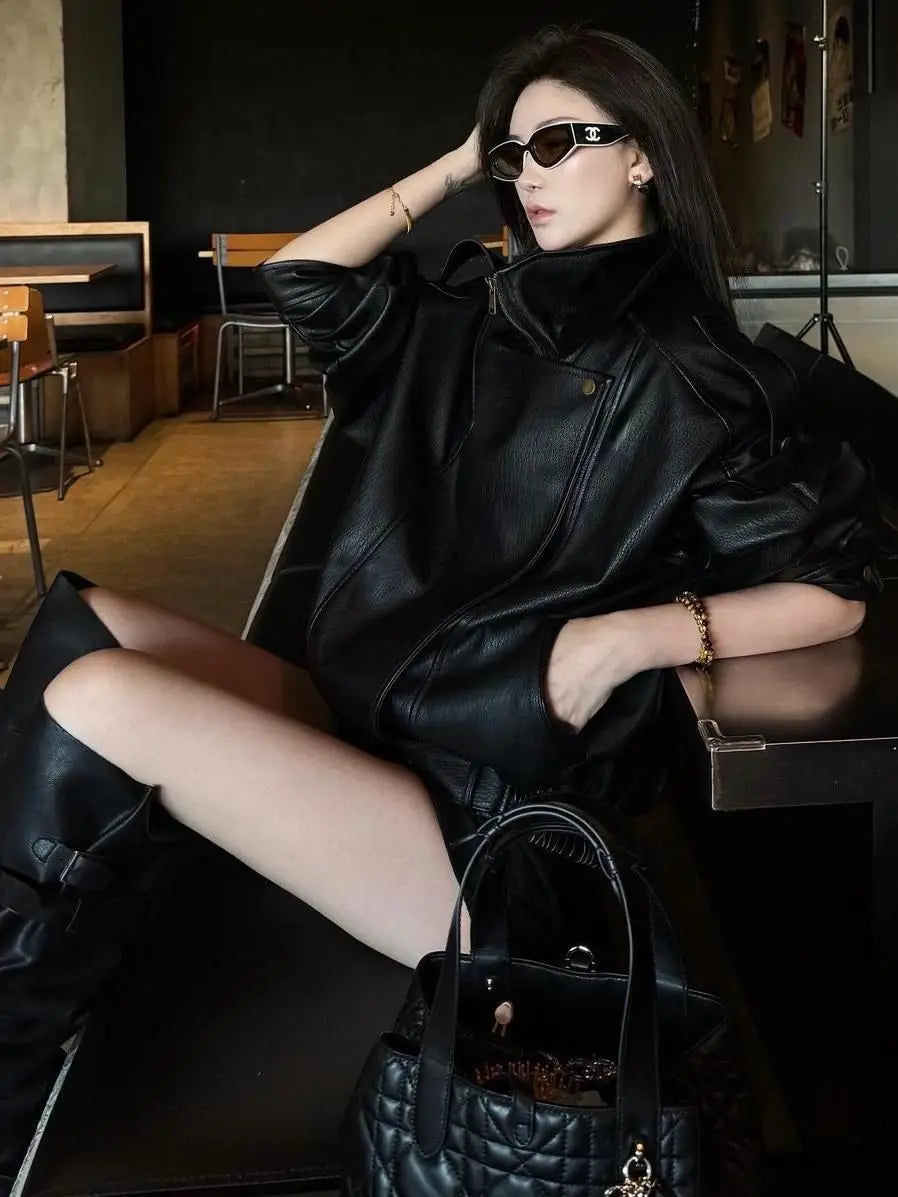 Vintage American Biker Leather Jacket 2026 Women Loose Fit Versatile Design Details Zip Up Stand Collar Chic Casual Outerwear