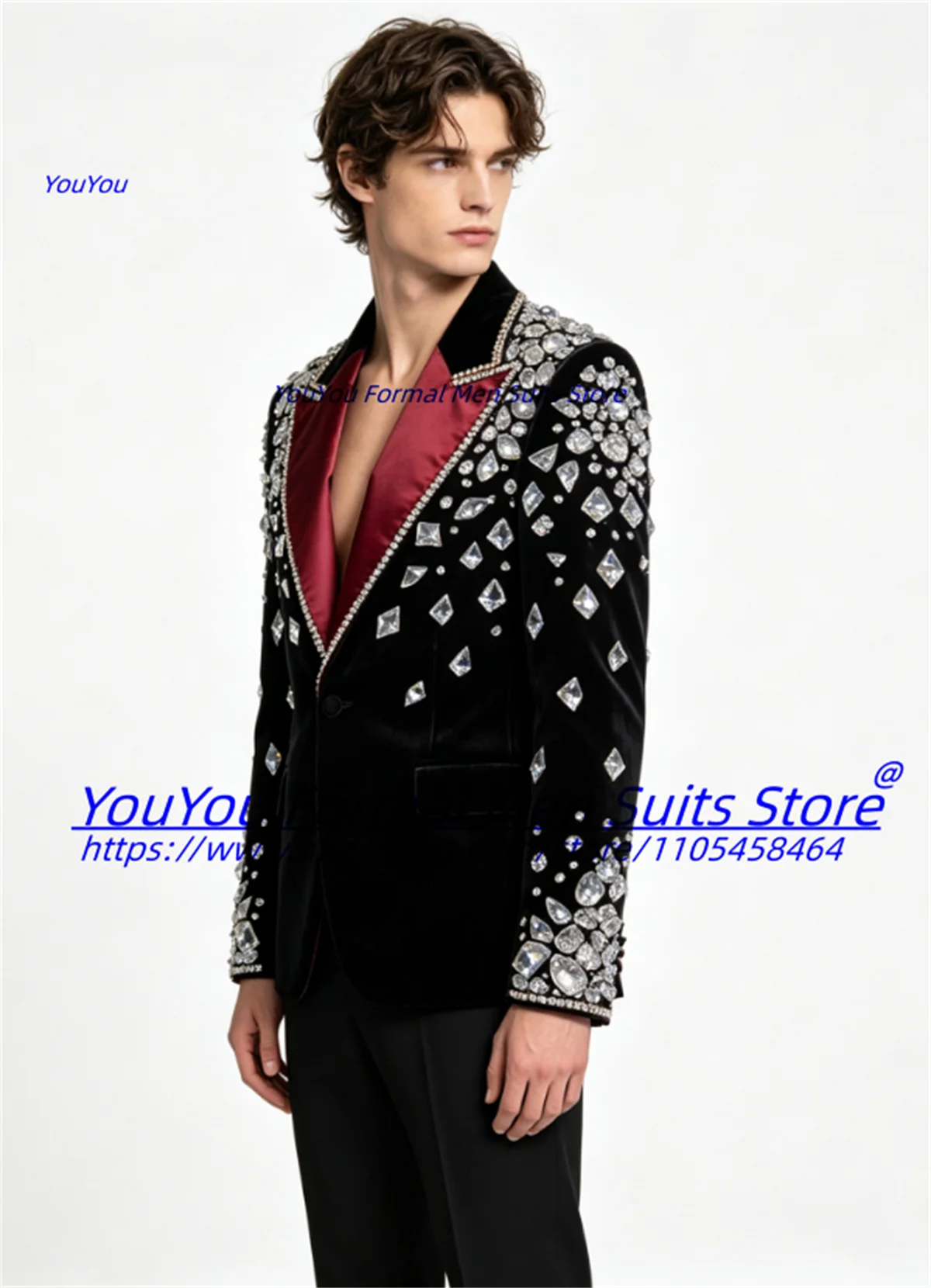Luxurious Black Velvet Men Suits Customized Slim Fit Peak Lapel Groom Wedding Tuxedos Shiny Diamond Crystal2Pcs Sets Ropa Hombre