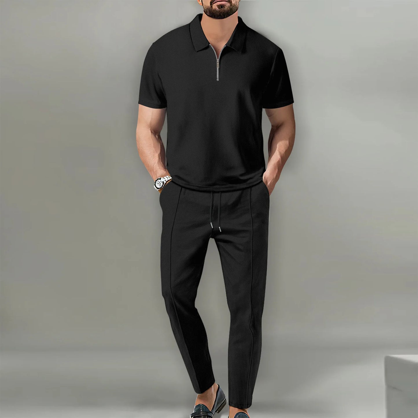 Summer Men Sports Polo Suit Short Sleeve Stylish Zipper Polo Shirt And Shorts Set Men Casual Streetwear 2-pie Leisure Sports Set