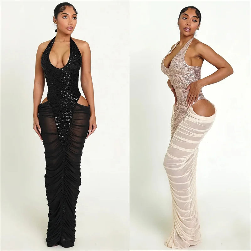 Sexy Glitter Sequins Party Evening Dresses Women Luxury Celebrity Sheer Mesh Patchwork Cut Out Formal Ruched Bodycon Maxi Dress