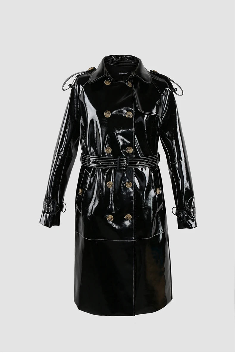 Nerazzurri Autumn Long Shiny Black Red Patent Pu Leather Trench Coat for Women Belt Double Breasted Luxury Designer Clothes 2023