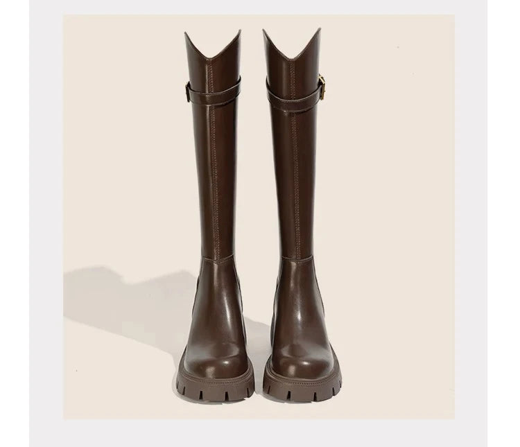 Fur Lining Women Knee High Boots Fashion Knight Long Booties Square High Heels Autumn Winter Warm Short Plush Shoes
