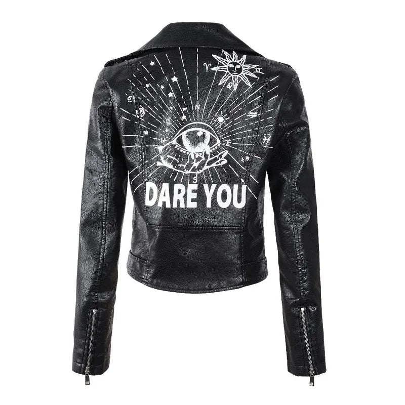 Women's PU Rivet Zipper Jacket, Shoulder Badge, Motorcycle Punk Rock Leather Coat, High Quality, Autumn Purchase
