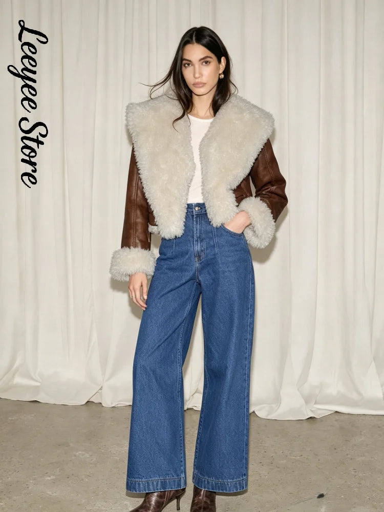 Women Brown Faux Leather Cropped Jacket  Lapel Collar Fur‑Trimmed Cuff Buckle Decor Zip‑Up Thick Warm Coat Lady Winter Outerwear