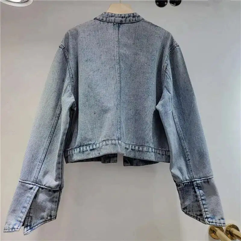 DEAT Women's Denim Coat Stand Collar Luxury Diamonds Shiny Female Buttonless Short Jackets 2026 Summer New Fashion 29A376