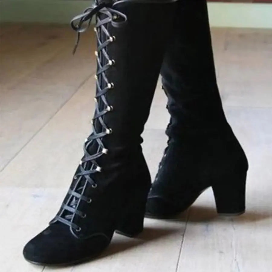 Winter Women Boots Shoes Fashion Vintage Lace-up Boots Women Round Cowboy High Heels Booties Shoes Woman Botas Mujer