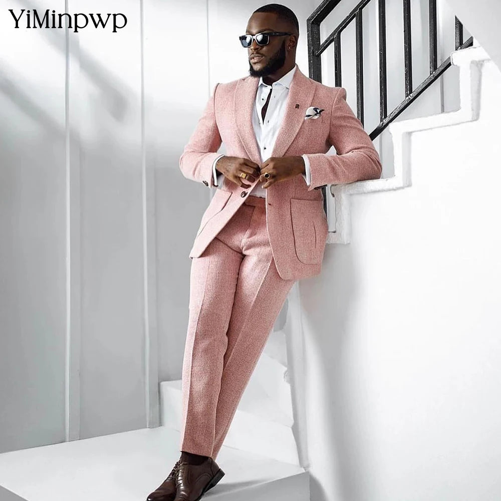 YiMinpwp Pink Textured Men's 2 Piece Single Button Suit Slim Fit for Wedding Herringbone Tailored Gala Dinner & Prom XS-5XL