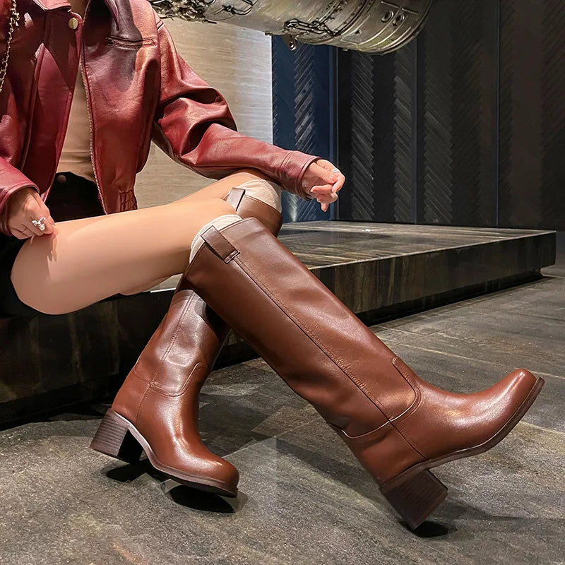 Arden Furtado Autumn Cowhide Knee High Boots Round Toe Pull-On Chunky Heels Riding Boots British Style Large Size Boots