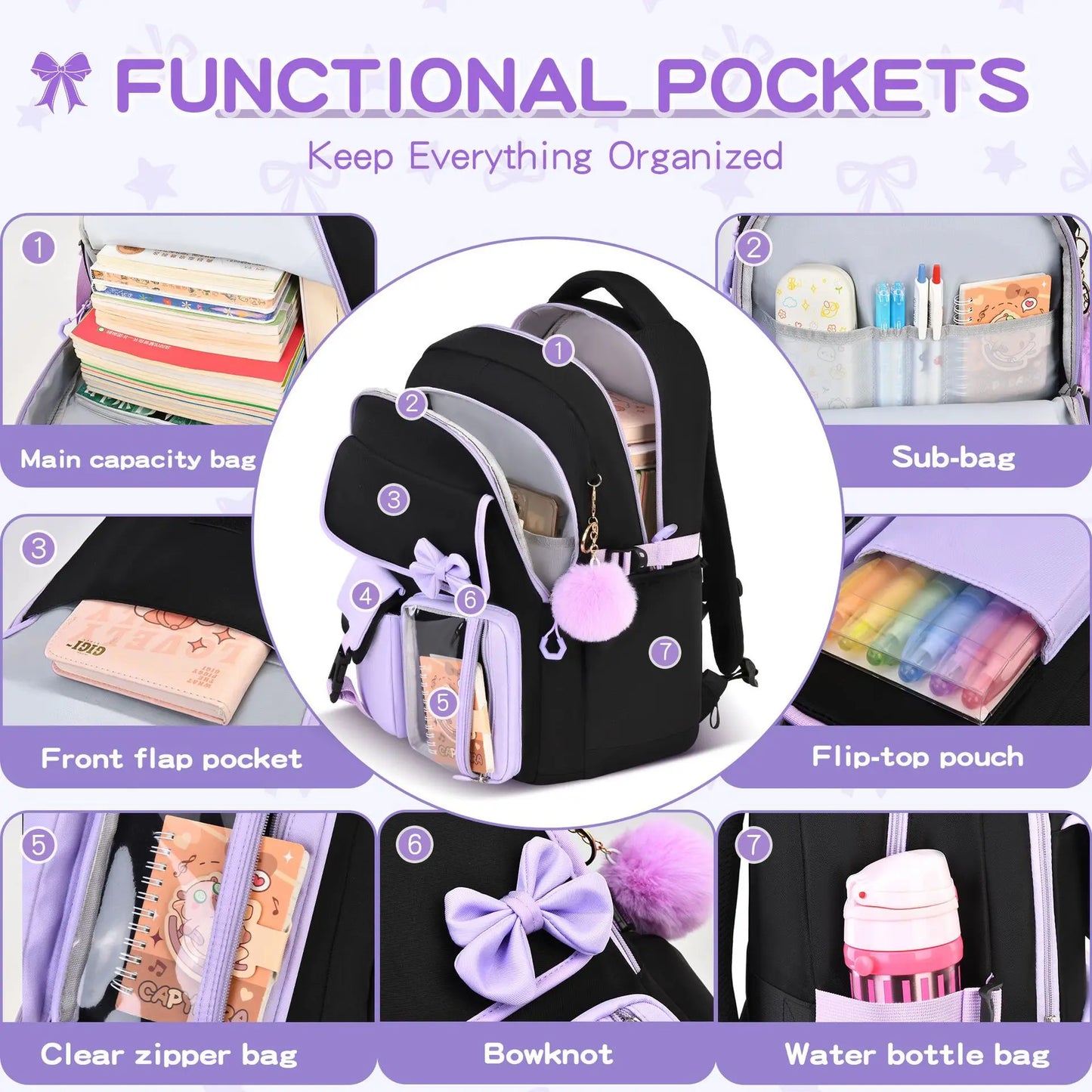 Three-piece Purple School Bag Set Casual with Pen Bag Students Schoolbag Durable with Lunch Bag Large Capacity bow Backpack book