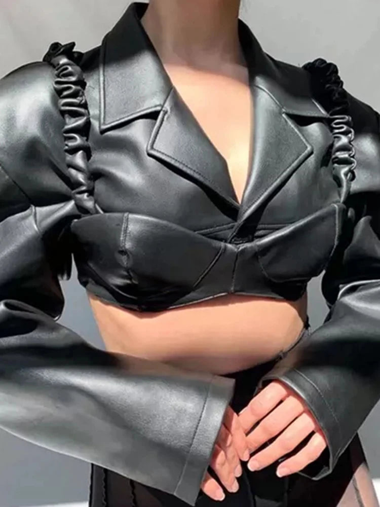 Lautaro Spring Autumn Short Black Light Faux Leather Jacket Women Long Sleeve Lapel Runway Stylish Sexy Fashion 2021 Cropped Top