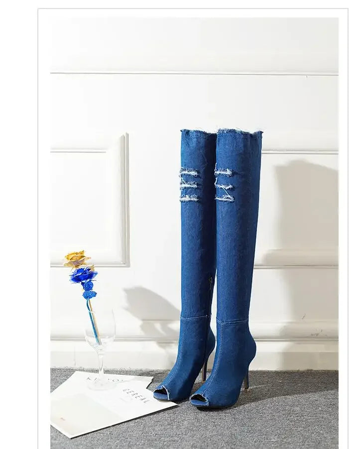 Summer Autumn Thigh High Boots Women Fashion Peep Toe Over The Knee Boots Blue Denim Jeans Zipper Long Boots Shoes Ladies