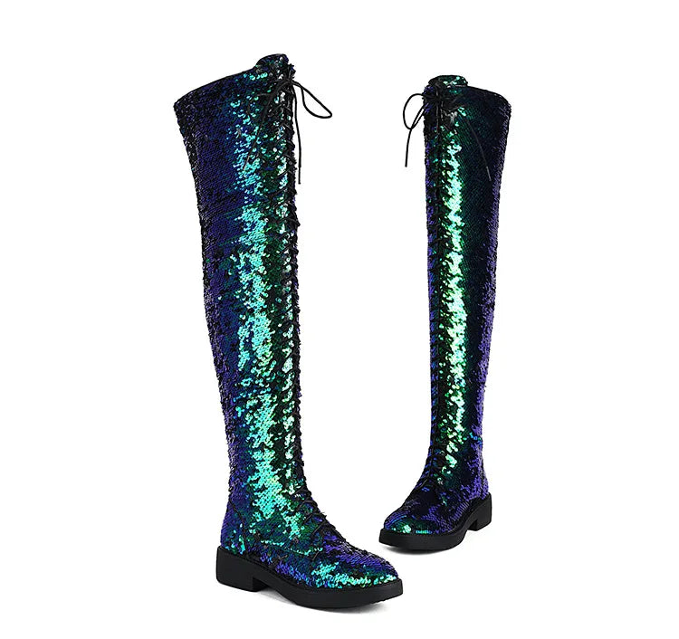 Lowheel Boots For Women Autumn Winter Thick Heels Over-knee-high Boots Shiny Sequined Club Dance Shoes Lace Up Thigh High Boots