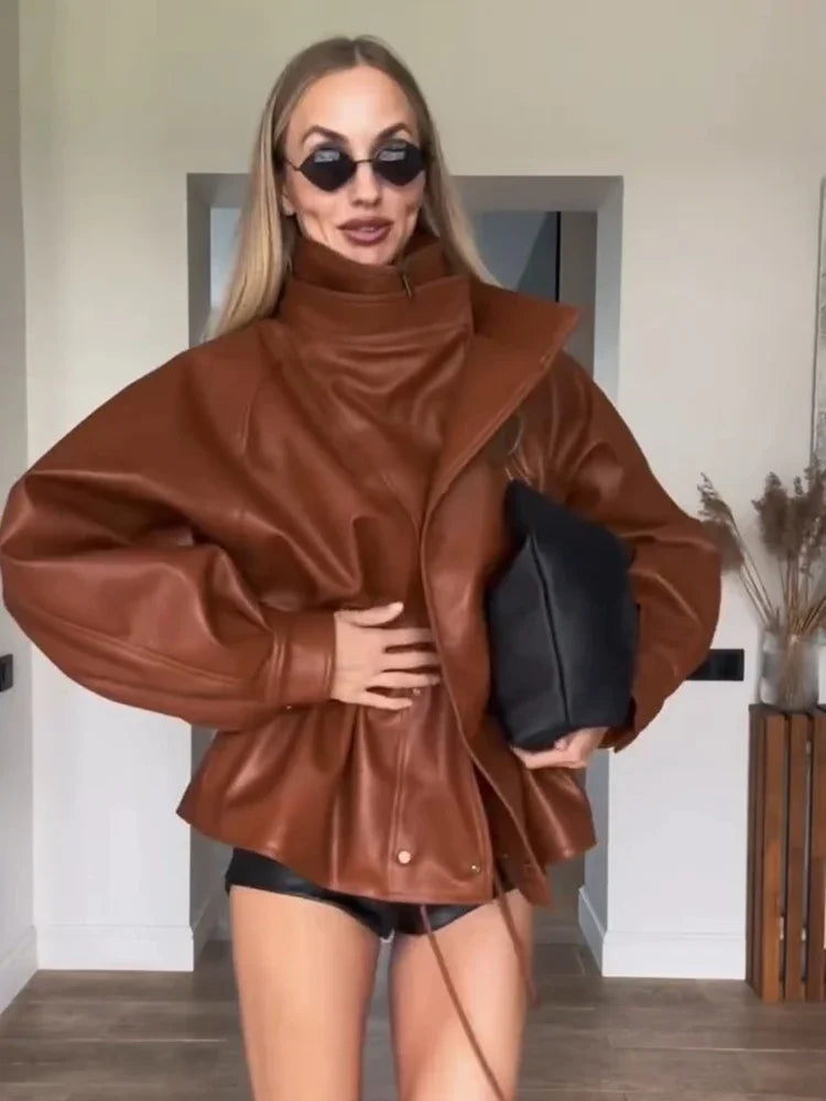 Fashion Solid Faux Leather Women's Jacket  Lapel Waist Cinching Loose Long Sleeves Coat Chic 2026 Spring Autumn New Street Wear