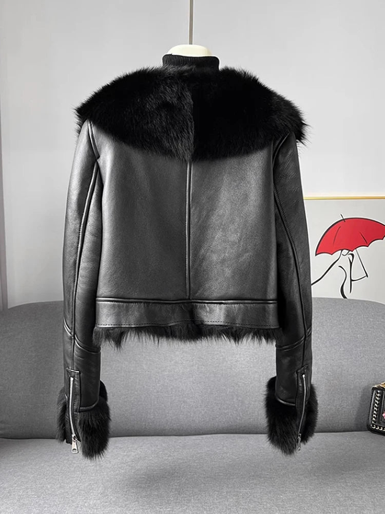 [EAM] Black Faux Fur Thick Big Size PU Leather Jacket New Lapel Long Sleeve Women Coat Fashion Tide Autumn Winter 2026 1DJ8775