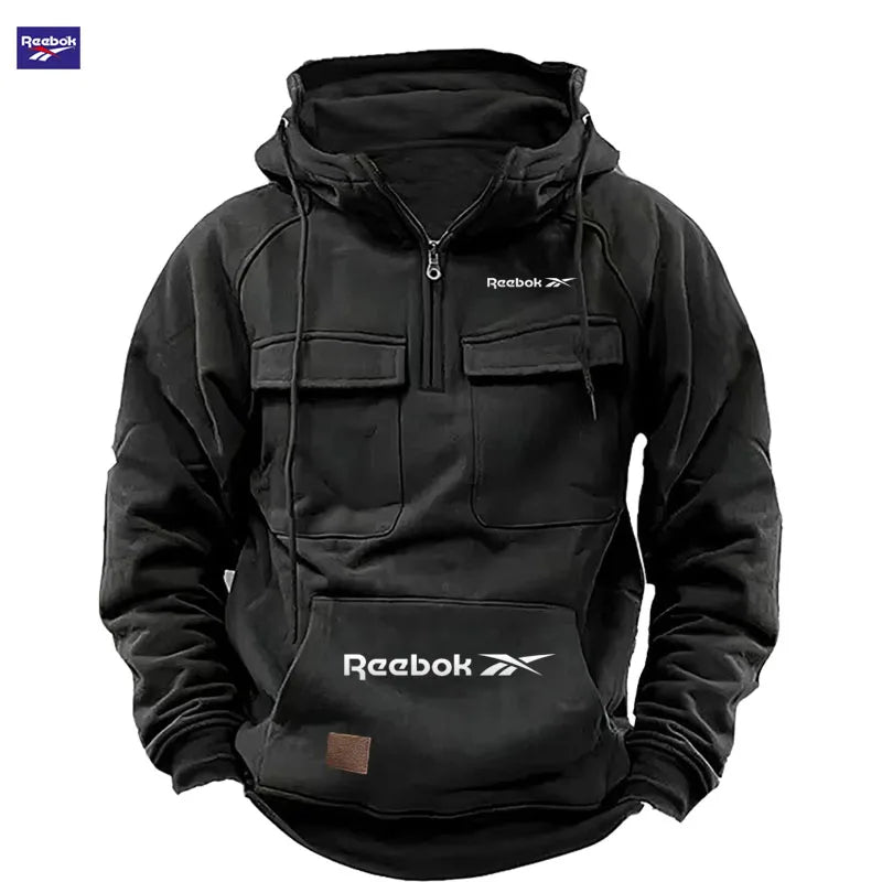 Reebok New Autumn-Winter Men's Hooded Sweatshirt, Solid Color Casual Fashion Design, Multi-Pocket Patchwork Hoodie, Men's Sweats