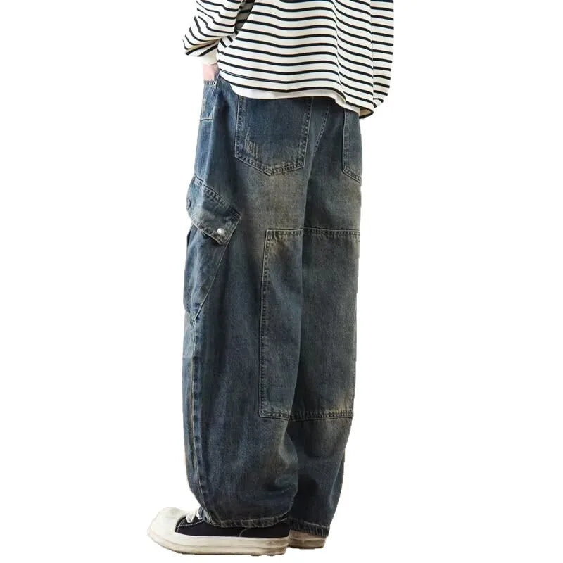 Retro American Washed Heavyweight Patchwork Wide Leg Men's Jeans Casual Loose Workwear Trousers with Multiple Pockets