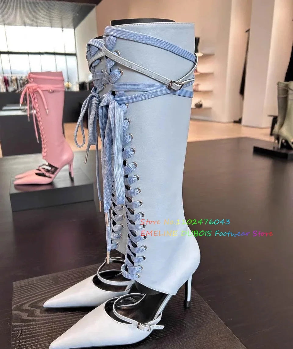 White Pointed Toe Lace Up Knee High Boot Women Summer New Sexy Hollow Buckle Strap Stiletto Heel Front Cross Tied Sandals
