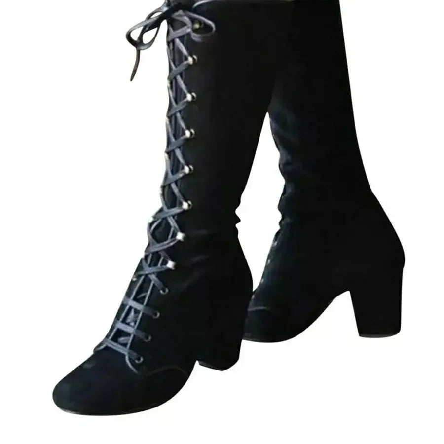 Winter Women Boots Shoes Fashion Vintage Lace-up Boots Women Round Cowboy High Heels Booties Shoes Woman Botas Mujer