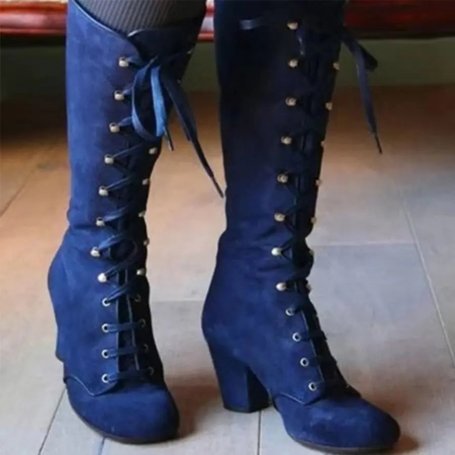 Winter Women Boots Shoes Fashion Vintage Lace-up Boots Women Round Cowboy High Heels Booties Shoes Woman Botas Mujer