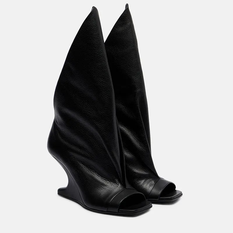 Runway Style Women Peep Toe Tall Boots Sculptural Wedge Heel Draped Pleated Upper Trendy Evening Statement Fashion Footwear