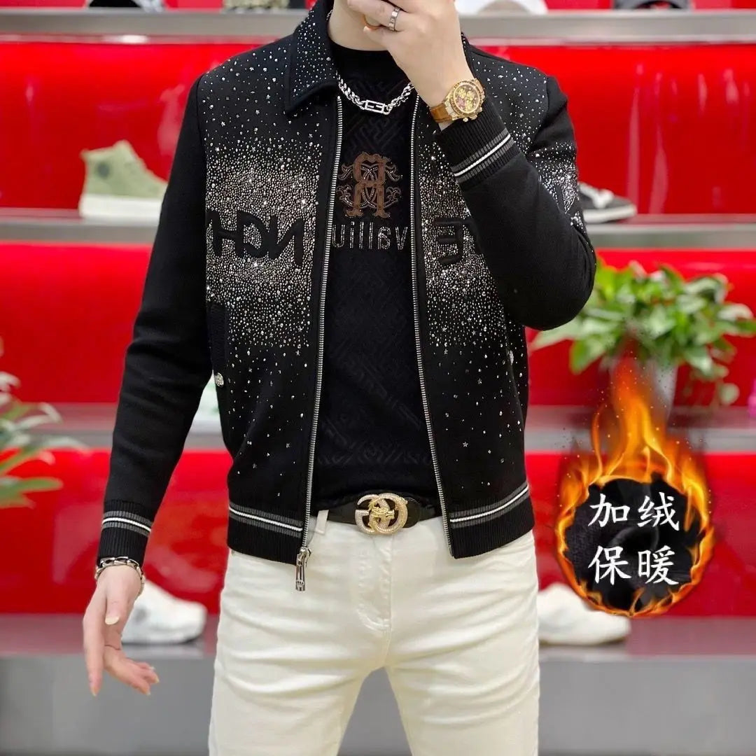 Men's Black Rhinestone Denim Jacket Luxury Sparkly Zip Up Slim Fit Casual Streetwear Coat