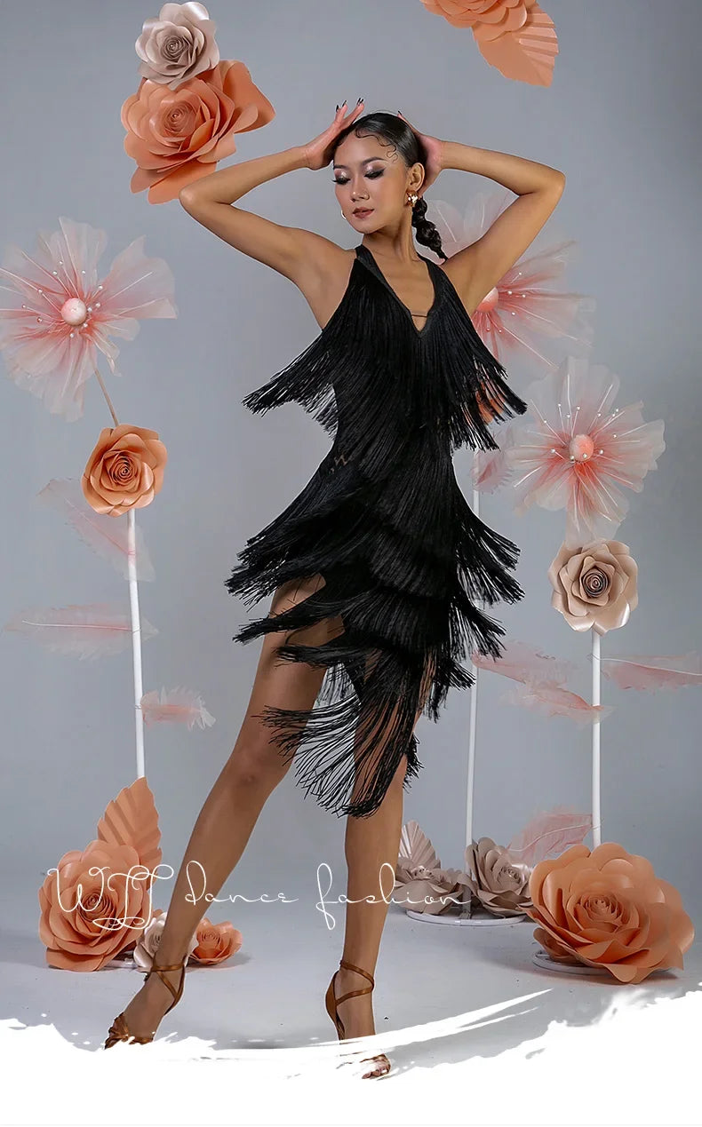 Women Backless Fringe Sexy Black Dress Cha Cha Rumba Samba Tango Dance Costume Prom Wear Latin Dance Copetition Dress