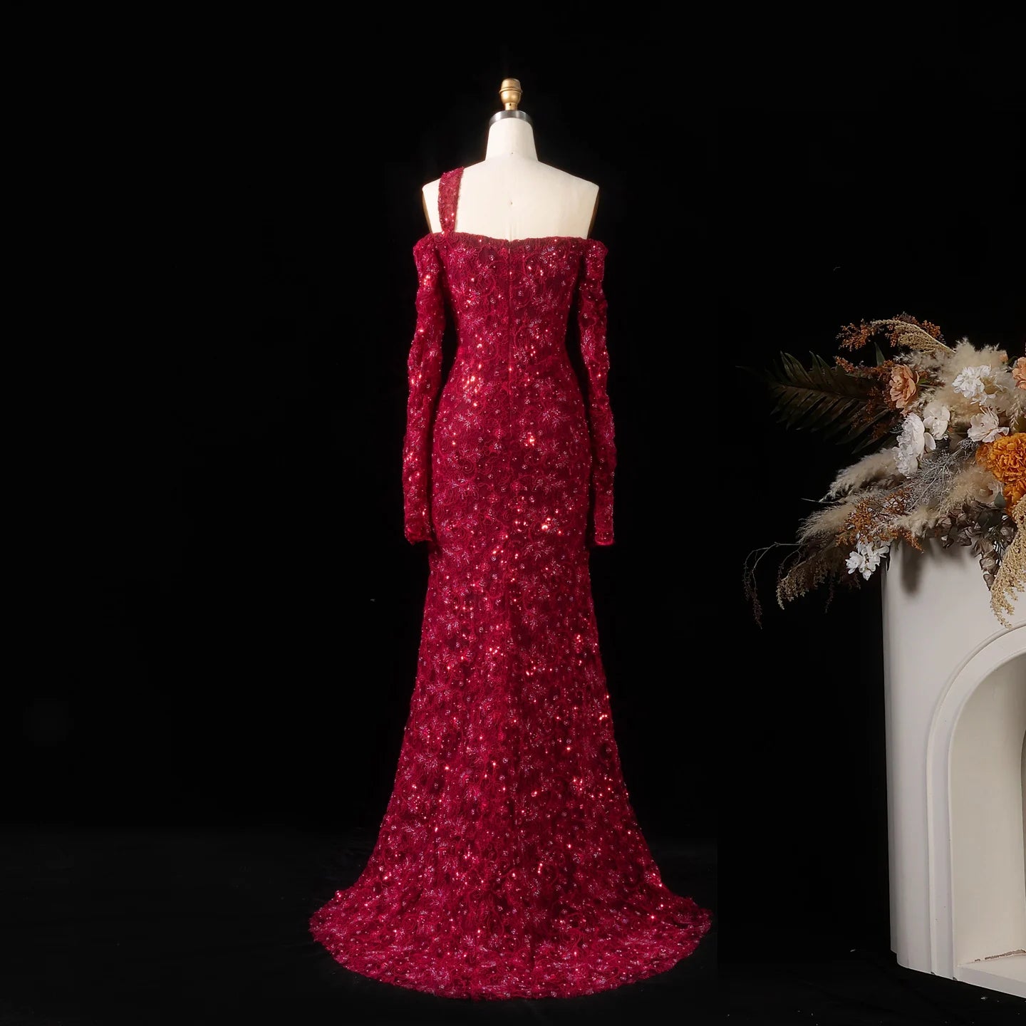 Sharon Said Dubai Elegant Wine Red Mermaid Evening Dress with Heavy Floral Beaded Women Wedding Formal Gown SF459 Customized