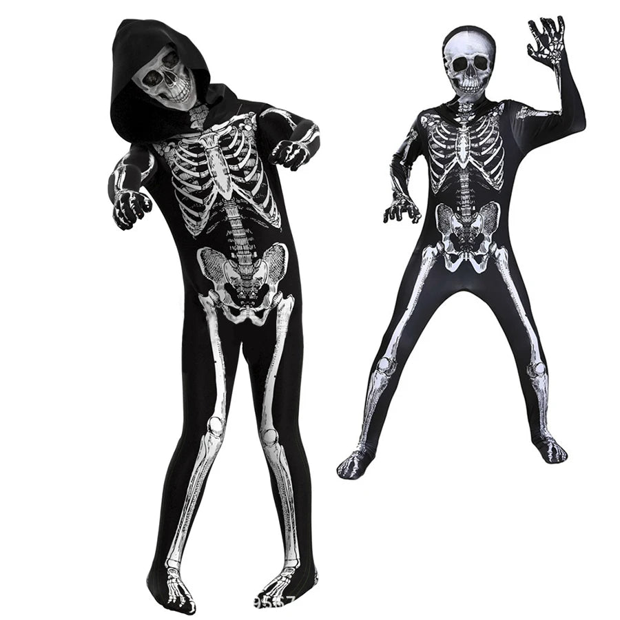Halloween Costumes Ghost Skull Cosplay Jumpsuit for Kids Child Adults Scary Skeleton Bodysuit Halloween Mask Carnival Clothes