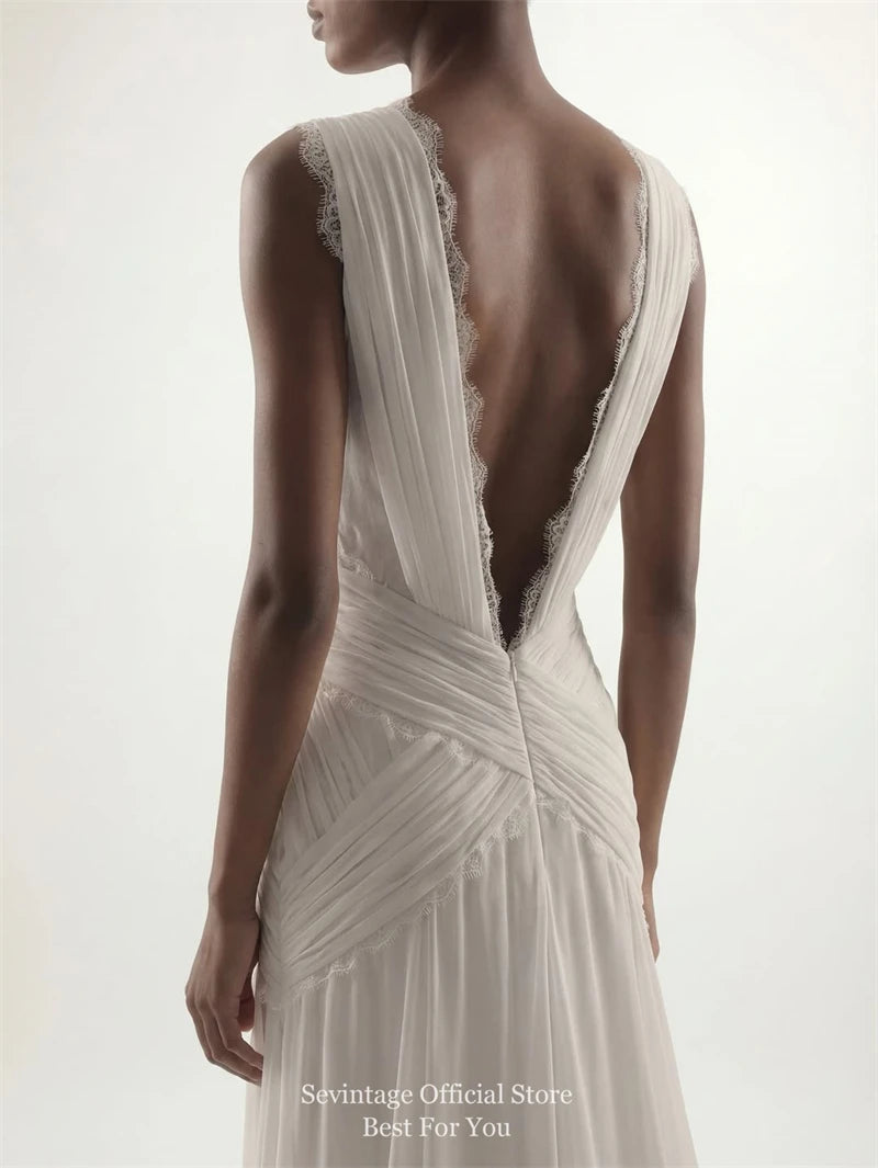 Sevintage Bohemian Chiffon Wedding Dresses Dark V-Neck Sleeveless Bridal Gowns Backless Pleated Lace A-Line Wedding Gowns Custom