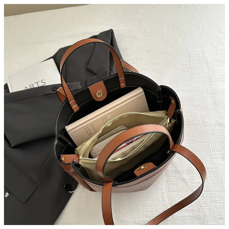 Solid Color Soft Leather Handbag Women Single Shoulder Tote Bag, Large Capacity Commuting Set Handbags Shopping Cross Body Bags