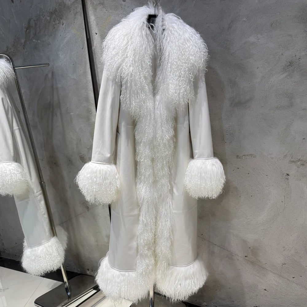 Suede Coat Fur Collar Women Autumn Genuine Sheepskin Coat Long with Mongfolian Fur Trim