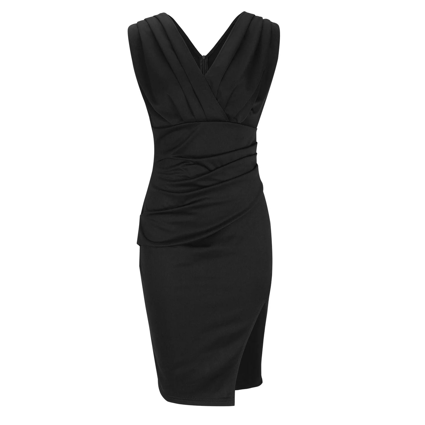 Summer Elegant Women Sexy Casual Sleeveless Office Mini Dress Fashion Solid Color V-neck High Waist Tight Side Split Dresses