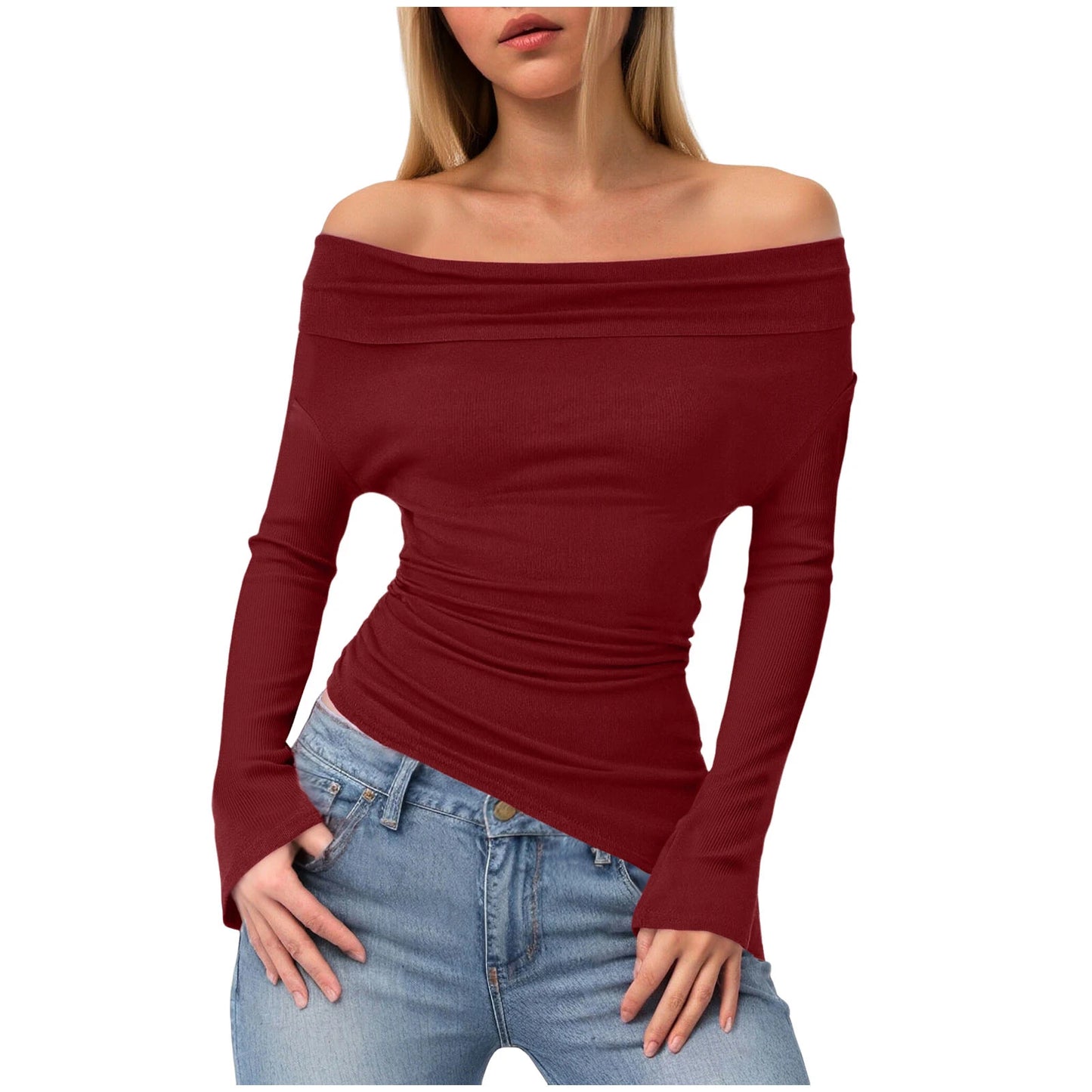 Y2k Aesthetic Simple Fashion Women's Tee Shirts Slash Neck Long Sleeve Solid Casual T-Shirts Vintage Off Shoulder Trendy Tshirts