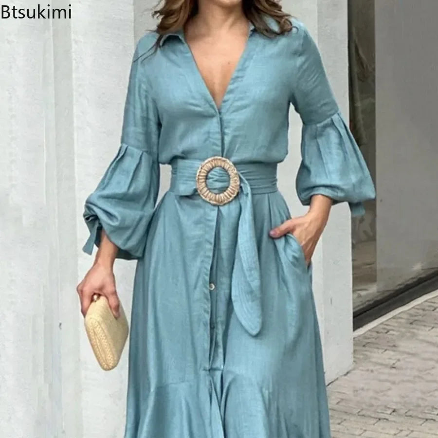 Elegant Dresses for Women Fashion Solid Lantern Sleeve Ruffle Hem Pocket Design Belt Maxi Dress Office Ladies Temperament Dress