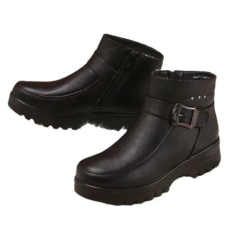 2024 Fashion Winter Women Pu Leather Ankle Boots Female Thick Plush Warm Snow Boots Mother Waterproof Non-slip Booties