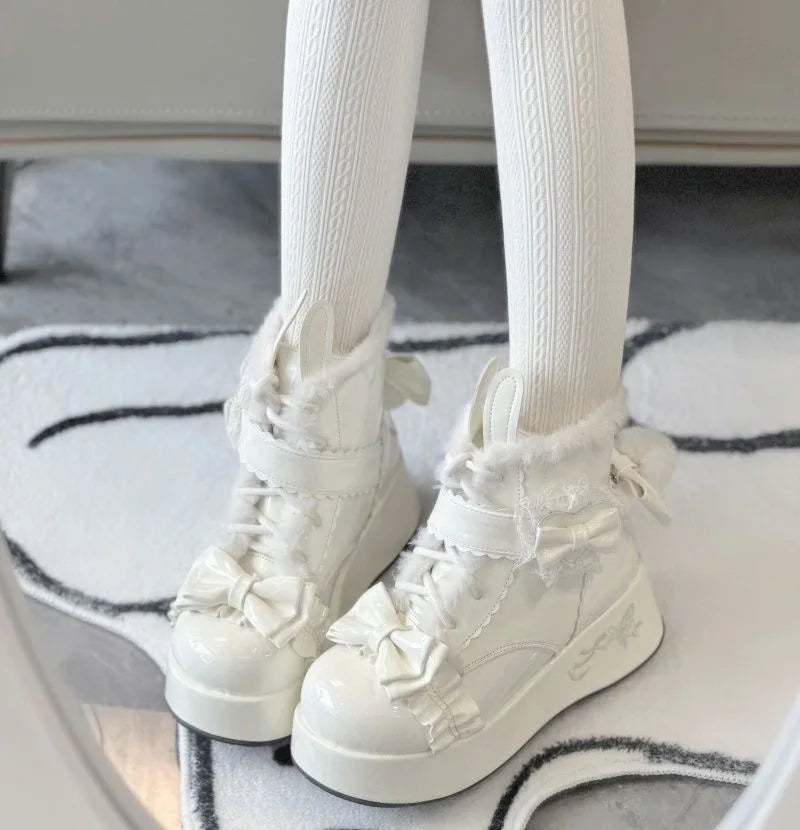 Kawaii Rabbit Tail Short Boots Women's Fleece Lined Thick Heel Lolita Snow Boots Winter Warm Cute Cotton Shoes for Women