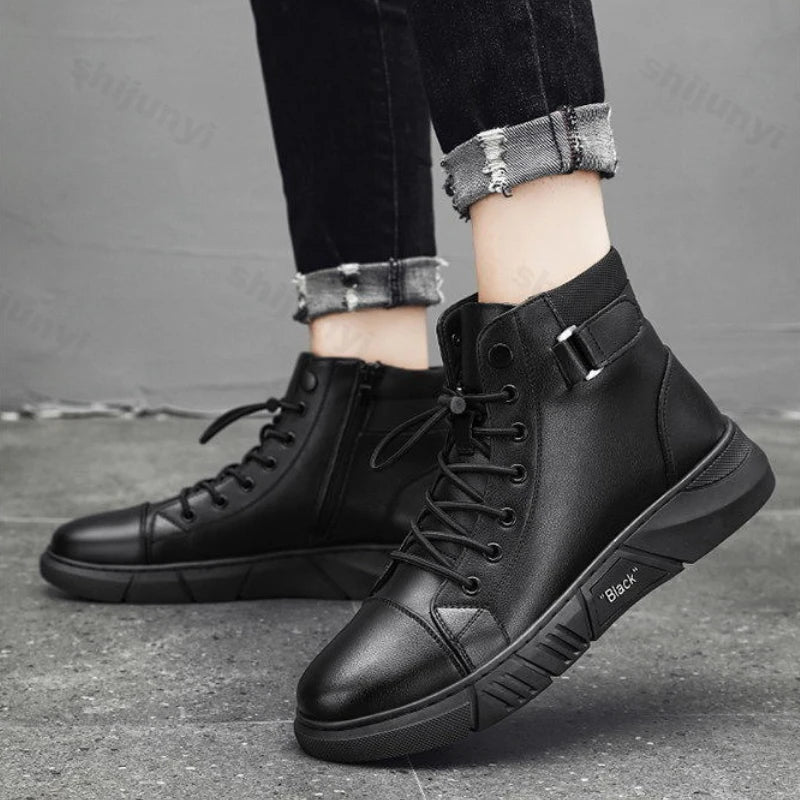 Vintage Men's Short Boots Autumn New Trendy Comfortable Height Increase Cotton Shoes Non Slip Lace Up Side Zipper Leather Boots