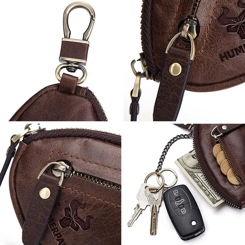 HUMERPAUL Small Key Wallet Men 100% Genuine Leather Car Key Holder Top Quality Zipper Housekeeper Keys Organizer with Coin Purse