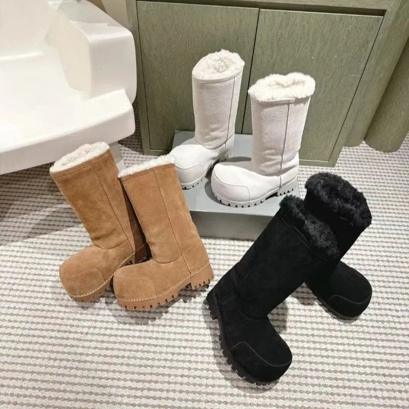 New Fashionable Snow Boots Platform Elevating Warm Cotton Shoes Warm Big Head Design Long Boots Ladies All-over Brown Long Boots