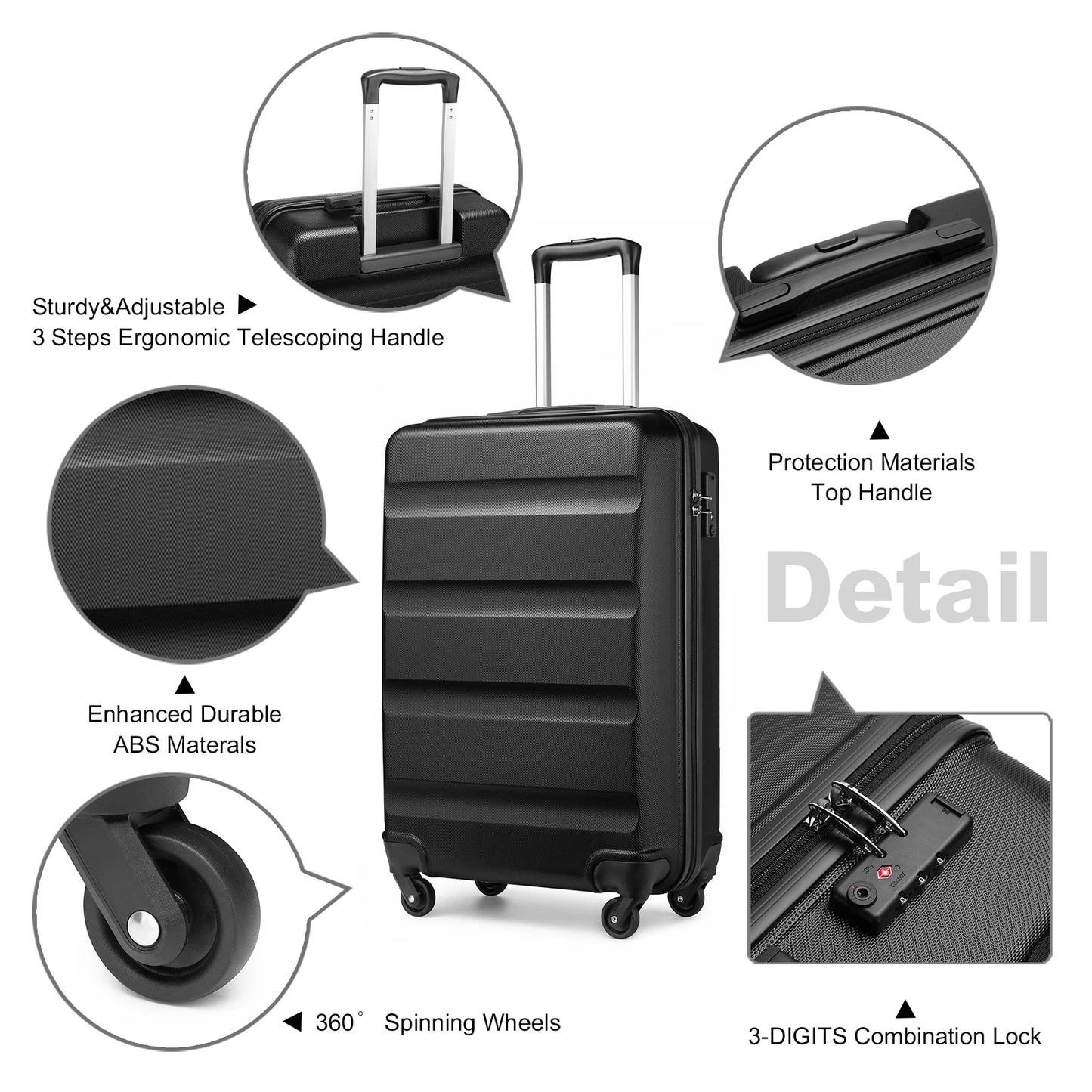 KONO Hardshell Case with 4 spinner wheels and number combination lock, light suitcase, hand luggage, 55/66/75 cm