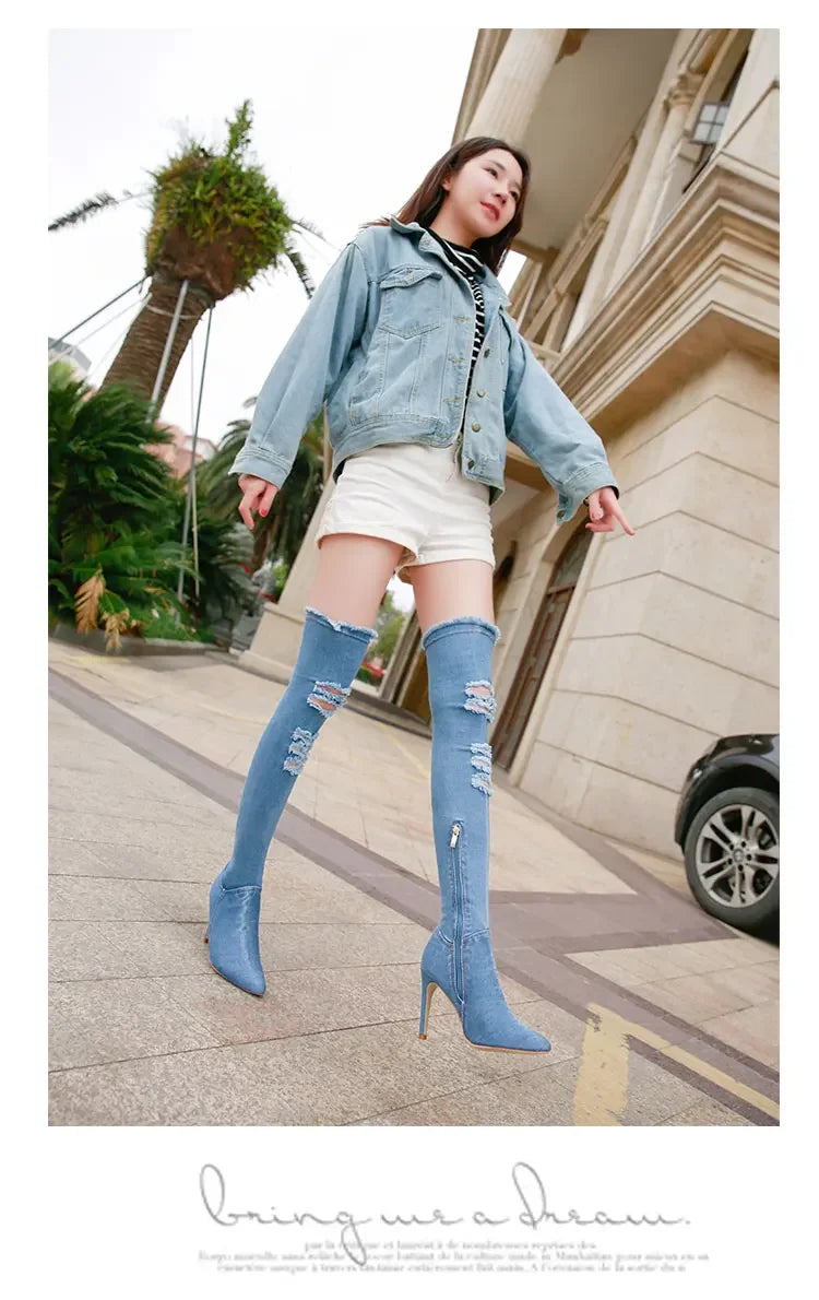 Summer Autumn Thigh High Boots Women Fashion Peep Toe Over The Knee Boots Blue Denim Jeans Zipper Long Boots Shoes Ladies