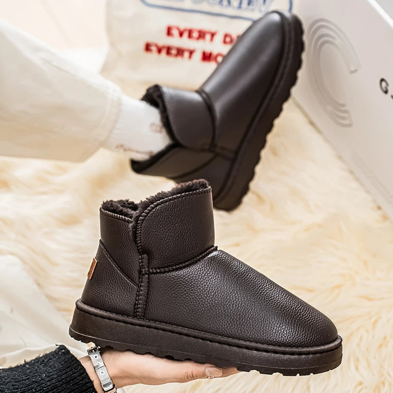 Couple Style Men's and Women's High-Top Leather Waterproof Snow Boots Plus Velvet Warm Boots and Cotton Shoes