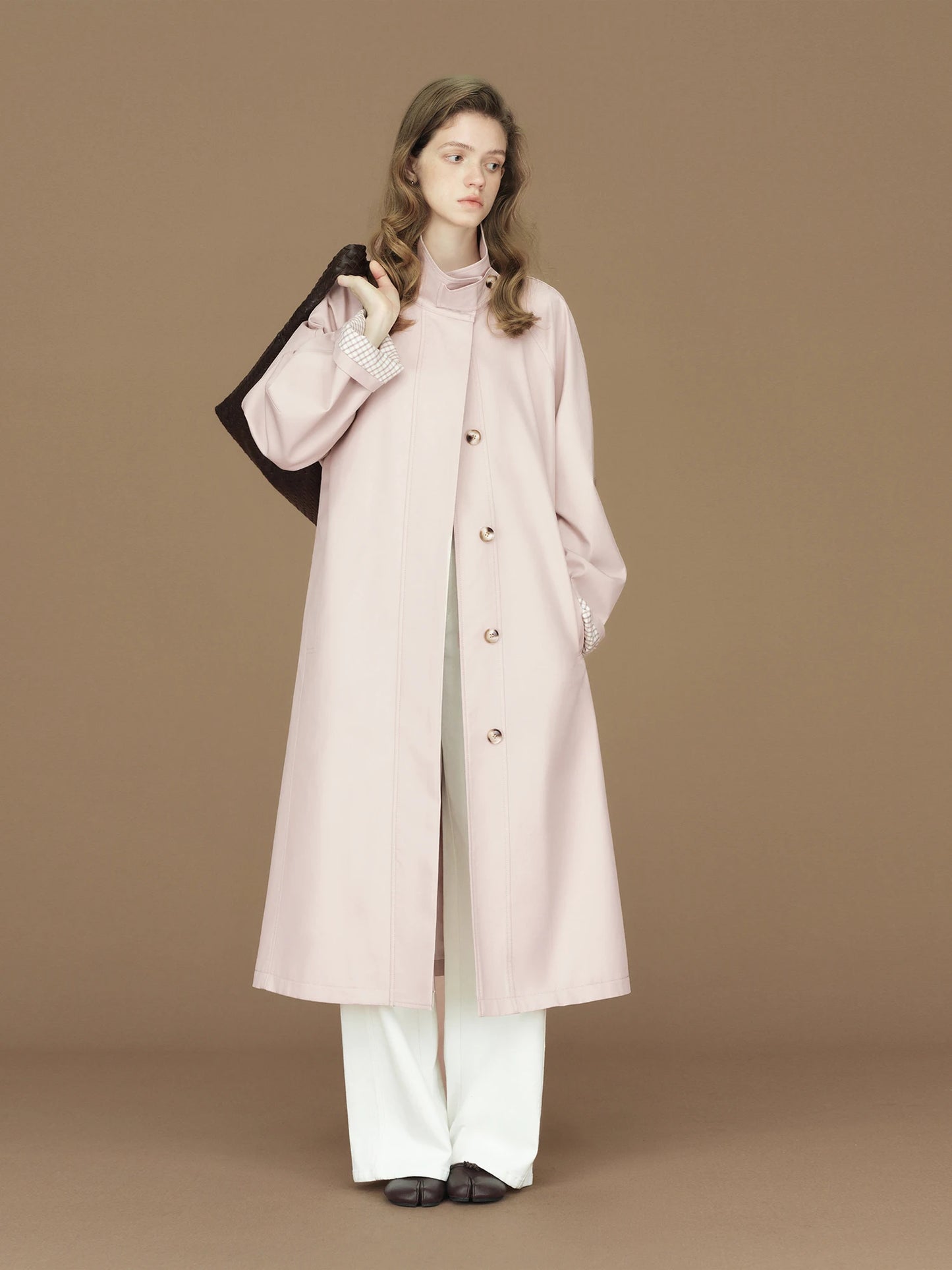 FSLE 2026 Womens British Trench Coat Contrast Cuff Stand Collar Heritage Workwear Style Pink Black Khaki Short Long Trench Coat
