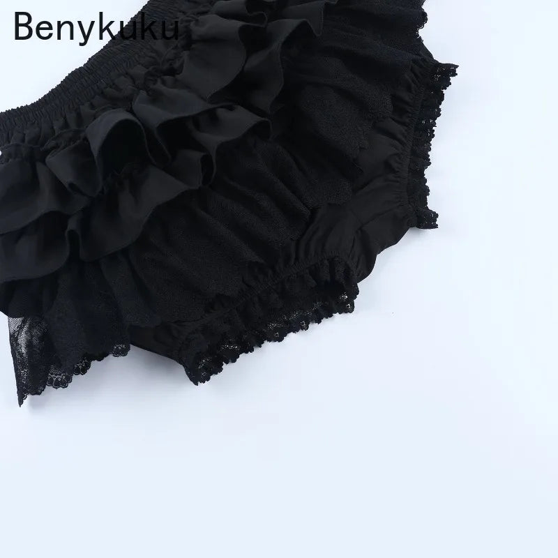 Gothic Punk Girls Kawaii High Waist Shorts Skirts Lolita Vintage Lace Ruffles Shorts Y2k E-girl Black Women Pumpkin Bloomers