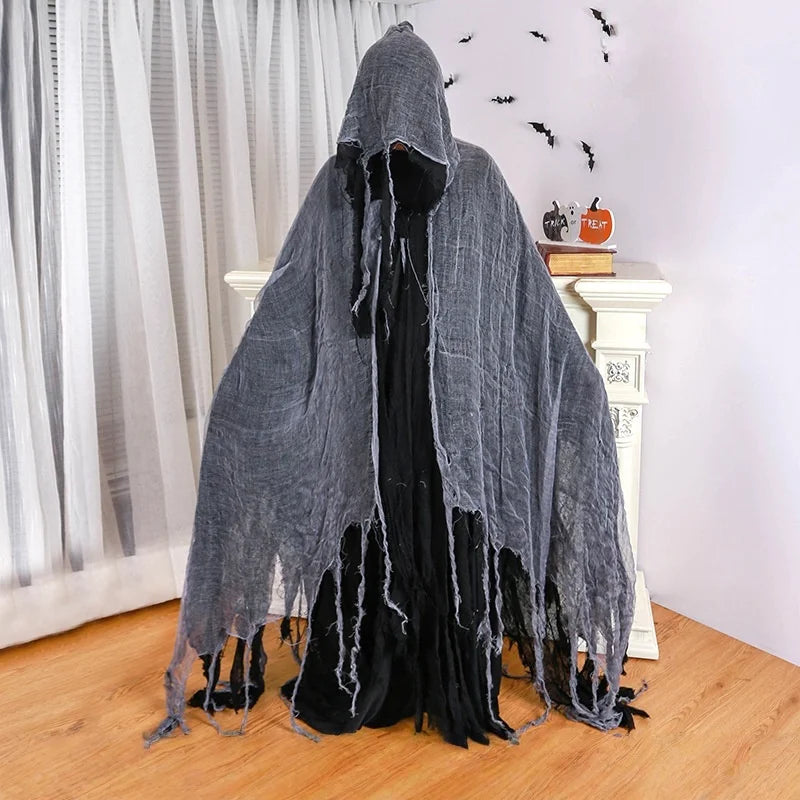 Horror Grim Reaper Cosplay Set Fringed Worn Hooded Cloak Disassemble Skull Scythe Prop For Halloween Party Dress Up