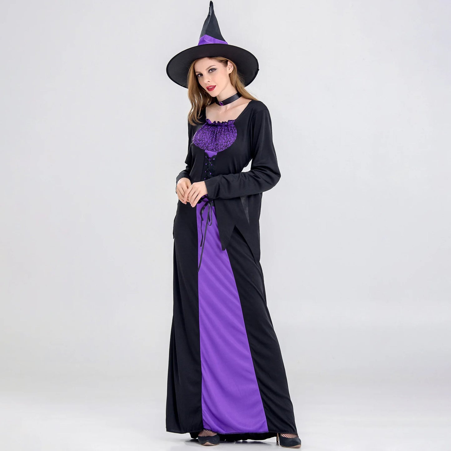 Womens Halloween Witch Costume Purple Black Long Dress Gothic Sorceress Gown Bell Sleeve Lace Up Cosplay Parties  Fancy Outfits