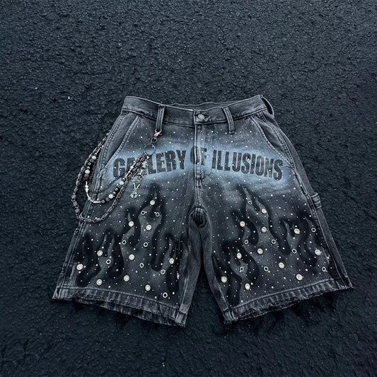 Y2K Fashion Distressed Jeans Retro Rhinestone Flame Pattern Printing Casual Washed Denim Shorts Men Women High Waist Streetwear