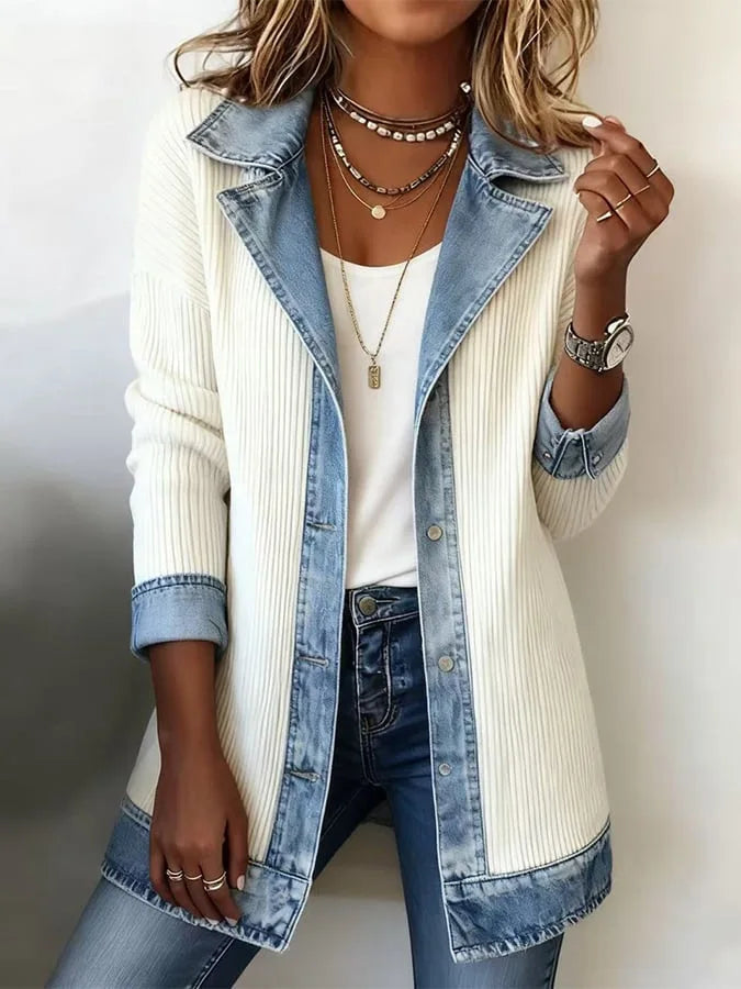 Women's Casual Autumn Retro Harajuku Fashion Elegant Slim Fit Sports Jacket Collar Long Sleeved Y2K Denim Patchwork Jacket