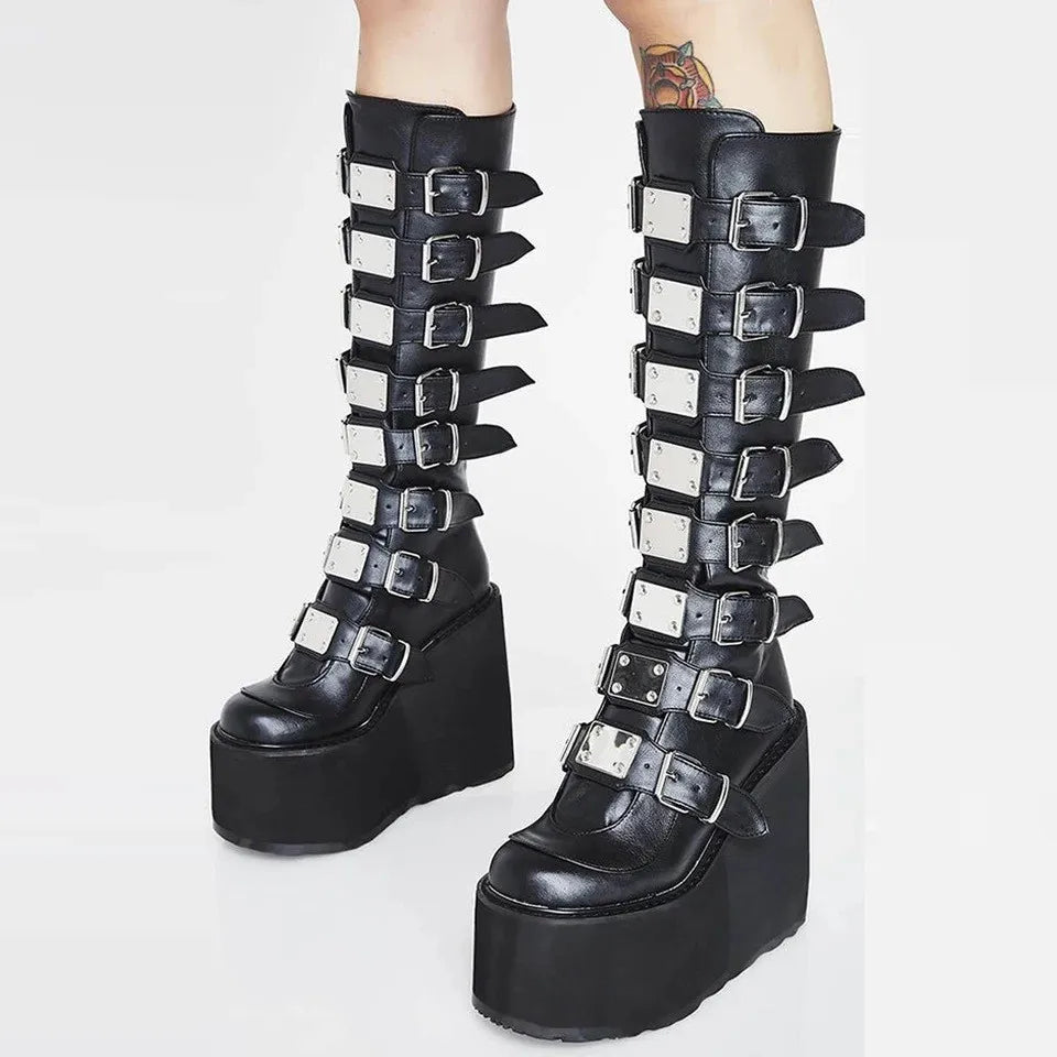 Punk Women Boots Ladies Cosplay High Boots Comfort Long Tube Leather Boots Black Platform High Wedges Women Shoes Gothic Style
