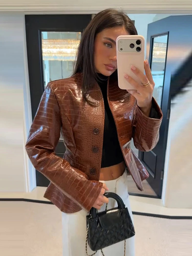Street Fitted Leather Jackets Women Shoulder Pad Single Breasted Long Sleeves Pu Coats Female 2026 Autumn New Chic Outwears Lady